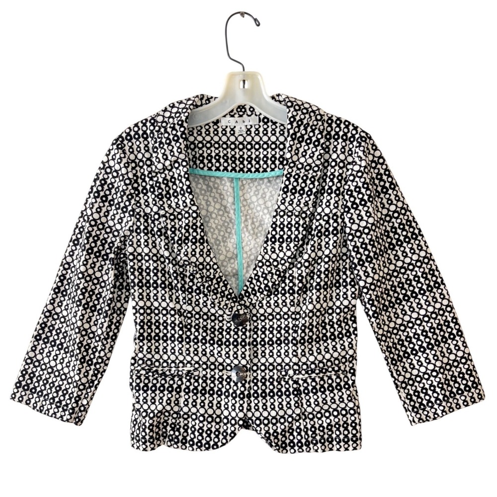 CAbi Blazer Size 2 Black White Geometric Circle Print Cropped Ruffle Hem Jack